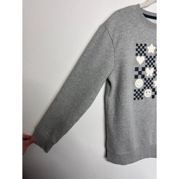 Cat & Jack Girls XL Smiley Checkerboard Sweatshirt Gray Crewneck Pullover Fleece - Picture 5 of 8